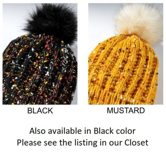 🆕 Mustard & Multicolor Confetti Knit Beanie w/ Faux Fur Pom-Pom 🆕 - Picture 7 of 7